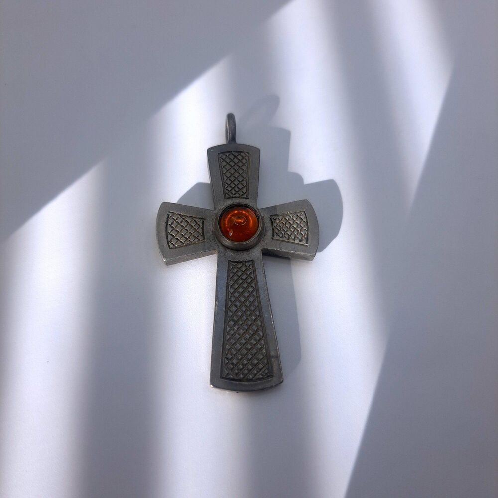 Jorgen Jensen - Vintage - Pewter - Amber Glass - Cross Pendant - Denmark